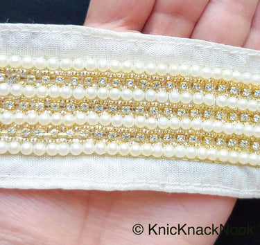 Off White And Gold, Superior Quality Rhinestone And Pearl Trim, Wedding Trim